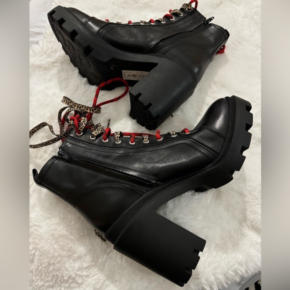 NEW Gianni Bini Ryedderr Leopard Block Heel Combat Boots BlackRed LaceUp 10 - Picture 11 of 16